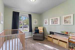 Carpeted bedroom with a crib