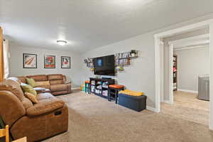 Living room featuring a textured ceiling and light carpet