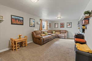 Living room with a textured ceiling and carpet flooring