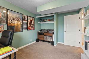 Office space featuring a textured ceiling and carpet