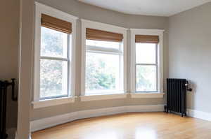 Empty room featuring light hardwood / wood-style flooring, radiator heating unit, and a healthy amount of sunlight