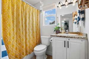 Bathroom with vanity, toilet, a shower with shower curtain, and wood-type flooring