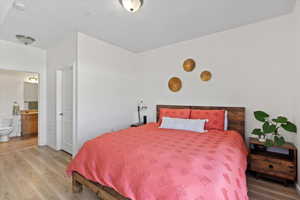 Primary Bedroom featuring light hardwood / wood-style flooring, ensuite bath, and walk in closet