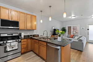 Kitchen featuring light wood-type flooring, appliances with stainless steel finishes, kitchen peninsula, and sink