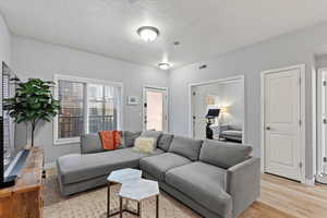 Living room with a textured ceiling and light hardwood / wood-style floors