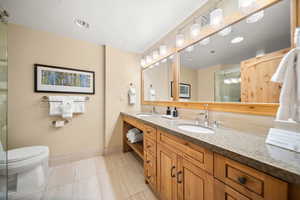 Bathroom featuring vanity, toilet, tile patterned flooring, and a shower with door