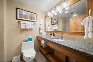 Bathroom featuring toilet, a tile shower, and vanity