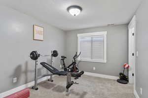 Workout area featuring a textured ceiling and light colored carpet