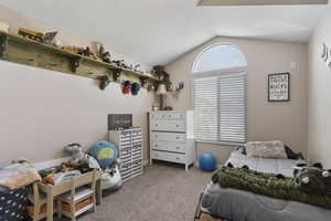 Bedroom featuring lofted ceiling and carpet