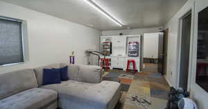 Living room with a textured ceiling