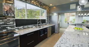 Kitchen featuring sink, decorative backsplash, hanging light fixtures, appliances with stainless steel finishes, and light hardwood / wood-style floors