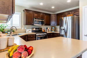 Kitchen with stainless steel appliances, dark brown cabinets, kitchen peninsula, and sink