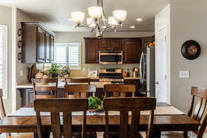 Kitchen featuring pendant lighting, dark brown cabinets, a chandelier, sink, and appliances with stainless steel finishes