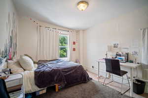 Bedroom with light carpet