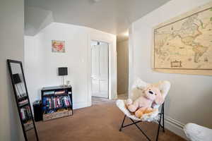 Sitting room featuring carpet floors