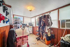 Misc room with light carpet, a wealth of natural light, cooling unit, and wooden walls