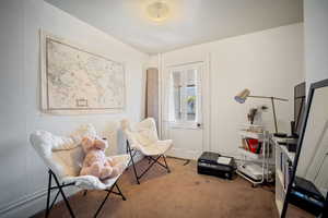 Sitting room featuring carpet flooring