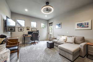 Carpeted home office with a textured ceiling