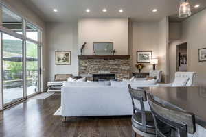 Living room with a fireplace, a high ceiling, and dark hardwood / wood-style floors