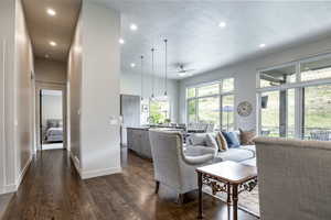 Living room featuring a textured ceiling, ceiling fan, sink, and dark wood-type flooring