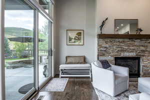 Interior space featuring a stone fireplace and dark hardwood / wood-style floors