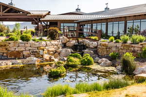 View of yard featuring a small pond