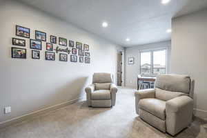 Sitting room featuring carpet and a textured ceiling