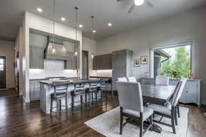 Dining area featuring dark hardwood / wood-style floors, ceiling fan, and sink