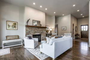 Living room featuring a fireplace, a towering ceiling, and dark hardwood / wood-style flooring