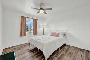 Bedroom with hardwood / wood-style floors and ceiling fan