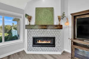 Details with hardwood / wood-style flooring and a fireplace