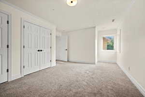 Unfurnished bedroom featuring light colored carpet, a textured ceiling, and ornamental molding