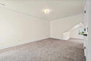 Spare room featuring light colored carpet, a textured ceiling, and ornamental molding