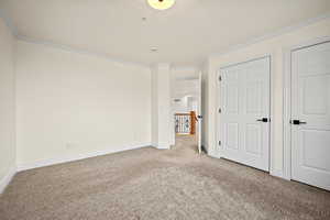 Unfurnished bedroom with crown molding and light carpet