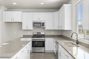 Kitchen with appliances with stainless steel finishes, white cabinetry, dark hardwood / wood-style flooring, and sink