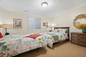 Bedroom featuring crown molding and light colored carpet