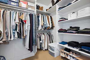 Spacious closet with light carpet