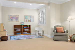 Interior space with crown molding and carpet floors