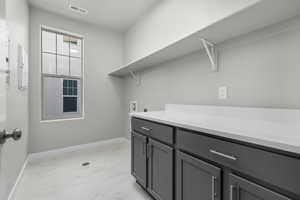 Laundry room with hookup for a washing machine and cabinets