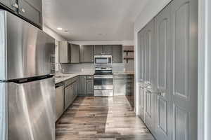 Kitchen with gray cabinetry, light hardwood / wood-style flooring, sink, and appliances with stainless steel finishes