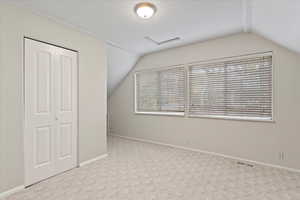 Additional living space featuring lofted ceiling and light carpet