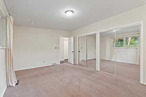 Unfurnished bedroom featuring a textured ceiling, carpet flooring, and multiple closets