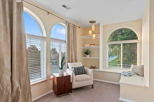 Living area with a healthy amount of sunlight and carpet floors