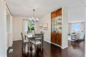 Dining area featuring dark wood-type flooring, a wealth of natural light, and a notable chandelier