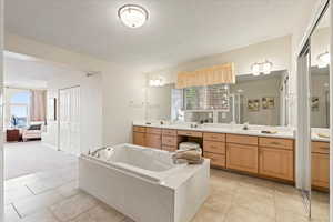 Bathroom featuring tile patterned floors, separate shower and tub, and vanity