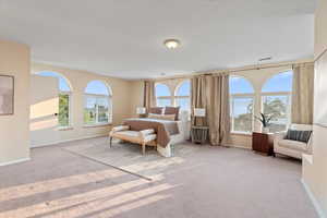 Bedroom featuring light carpet