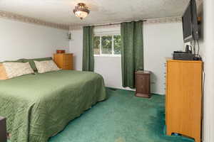 Carpeted bedroom featuring a textured ceiling