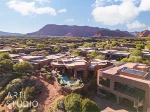 Drone / aerial view with a mountain view