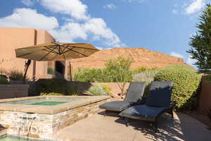 View of patio / terrace featuring a mountain view