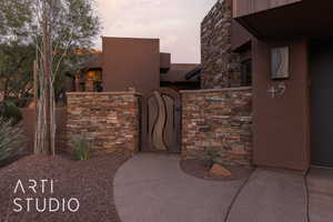 View of patio terrace at dusk